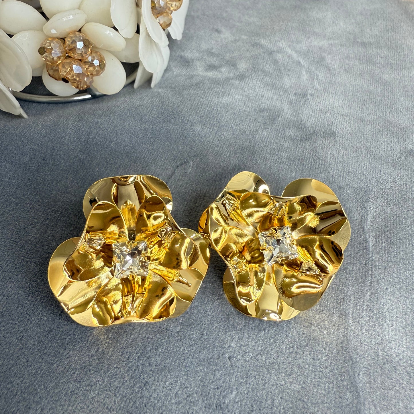 Golden Pearl Bloom Statement Earrings – Anti Tarnish Luxury Floral Studs