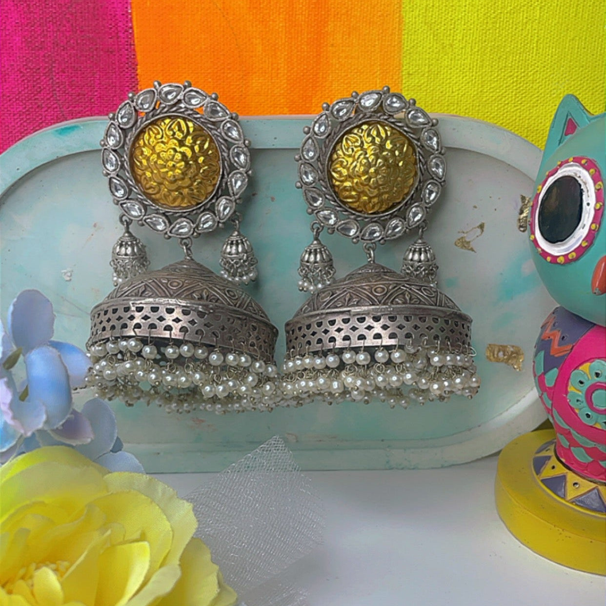 Antique Silver Plated Jumbo Jhumkas