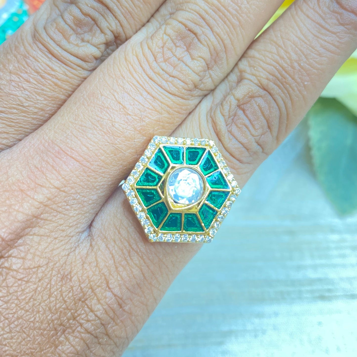Hexagon Kundan ring