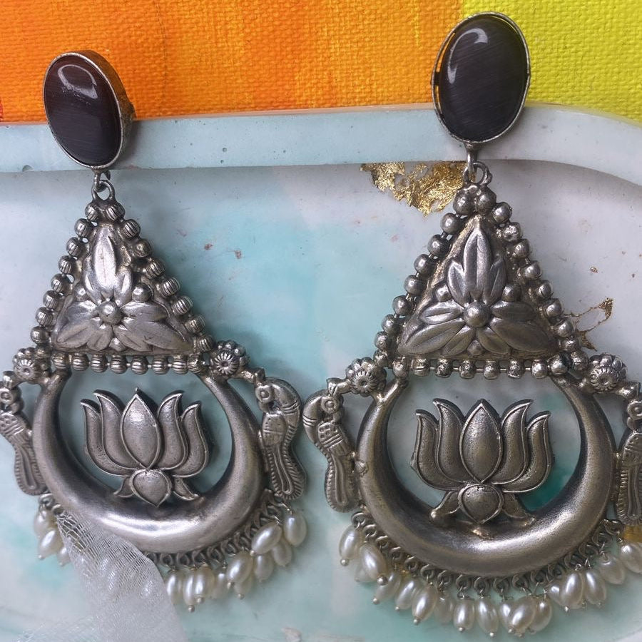 Oxidized Lotus Earrings