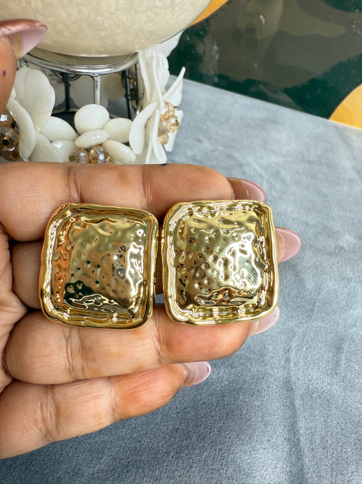 Golden Aura Textured Square Statement Earrings