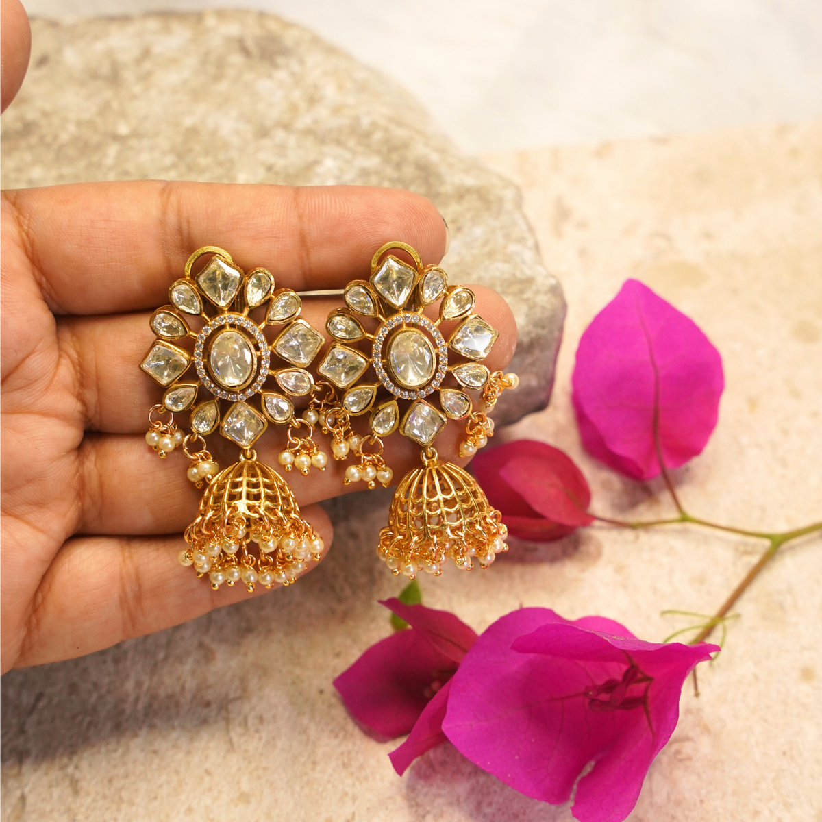 Zarina Polki Pearl Jhumka Earrings