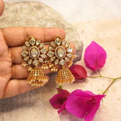 Zarina Polki Pearl Jhumka Earrings