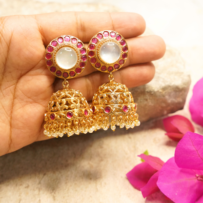 Meher Ruby Polki Pearl Jhumka Earrings
