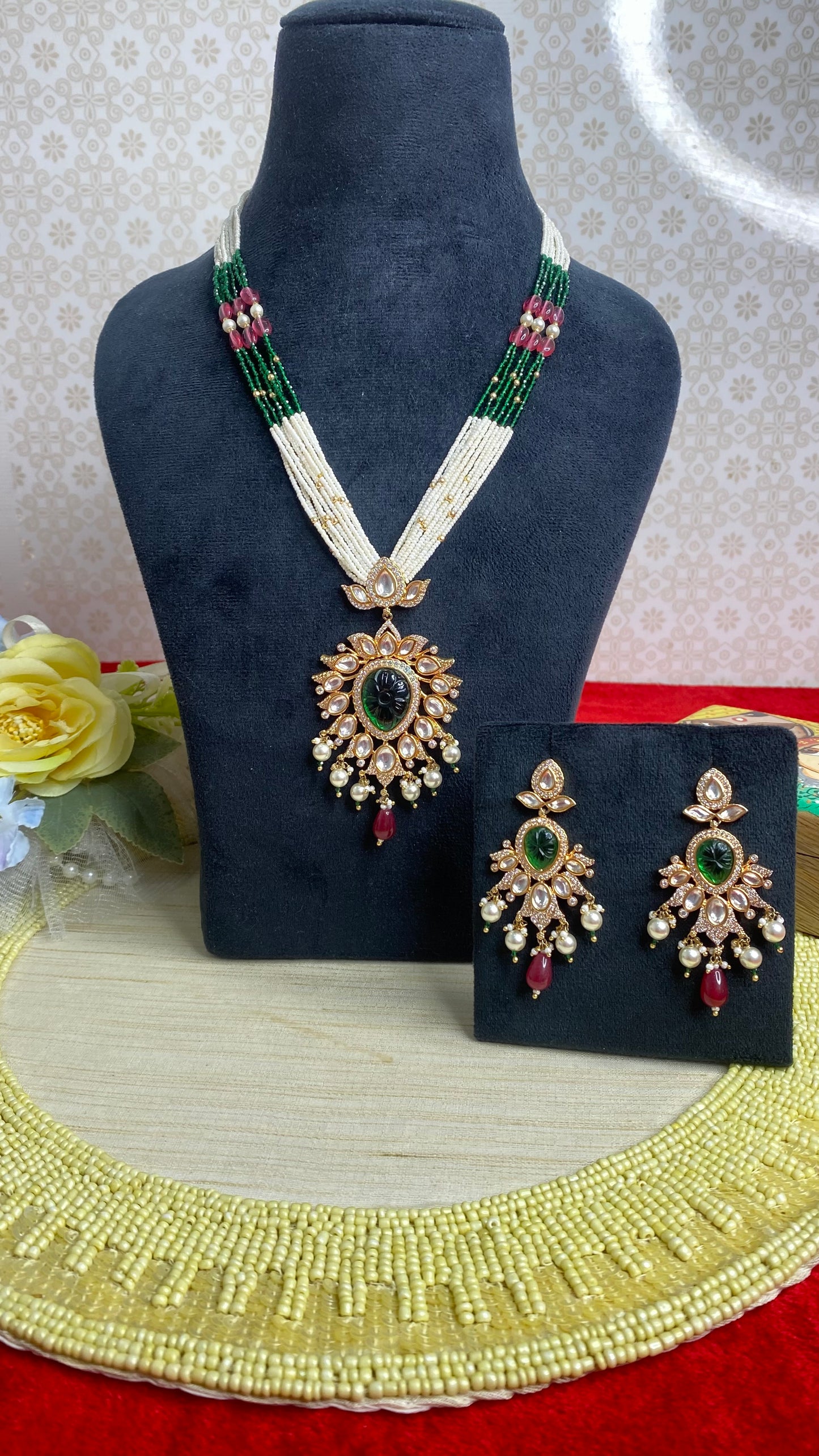 Long Pearl kundan necklace set